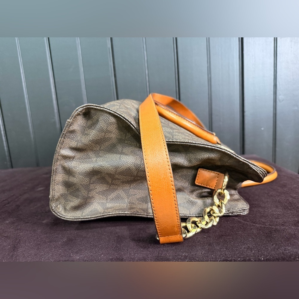 Michael Kors Large Brown Satchel Leather Shoulder Tote Bag Gold Accents MK Logo - Picture 7 of 13